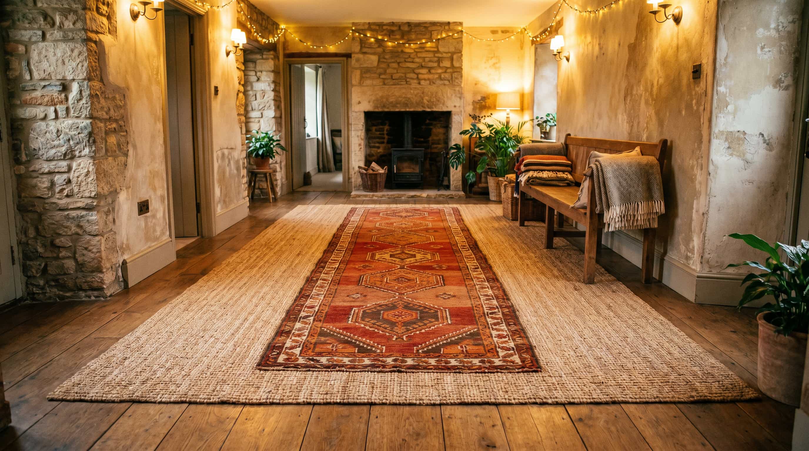 Cozy hallway decor ideas with layered rugs, stone walls, warm string lights, and rustic farmhouse seating.
