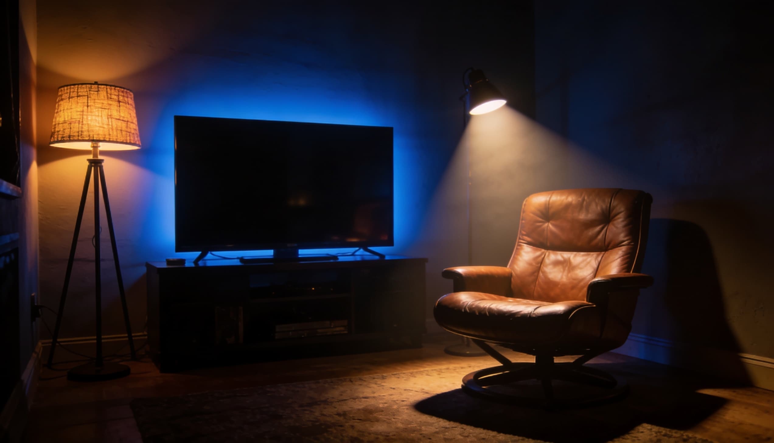 Moody media room with leather lounge chair, ambient lighting, and TV accented by blue backlighting.