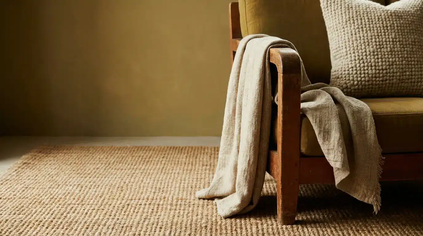 Wooden armchair with textured cushion and beige throw in cozy living room setting