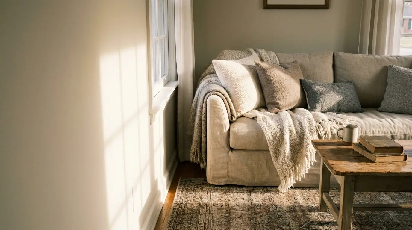 Beige sofa with cozy blankets and pillows in sunlit living room with wooden coffee table