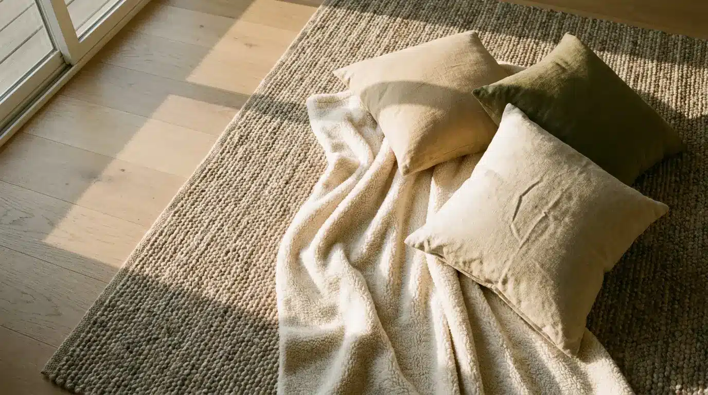 Cozy beige pillows and blanket on textured rug in sunlit room