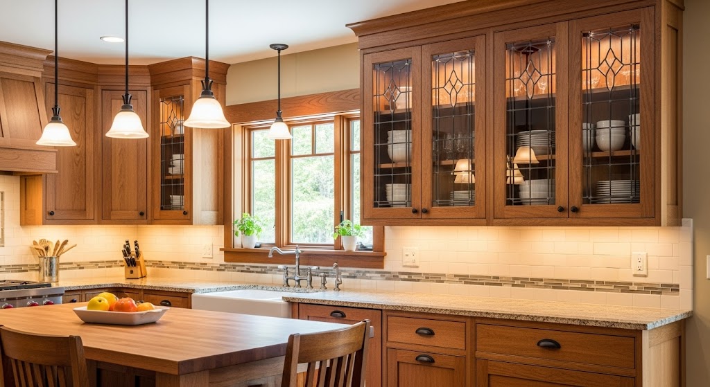 Craftsman kitchen featuring upper cabinets with leaded glass inserts and three hanging pendant lights.