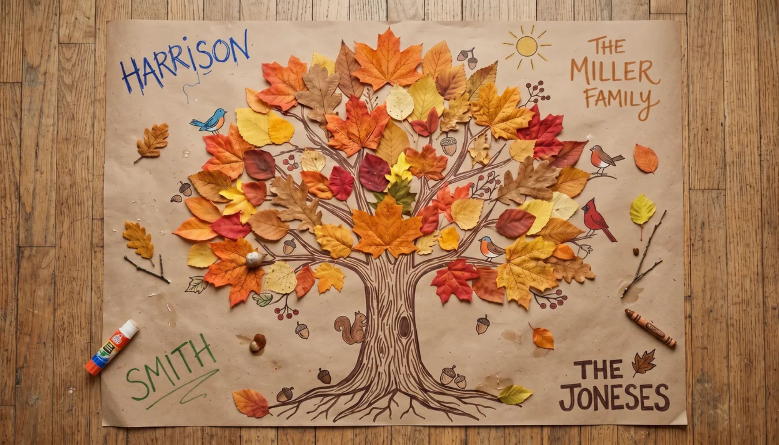 A large family tree collage made of autumn leaves on paper, one of many easy thanksgiving crafts.