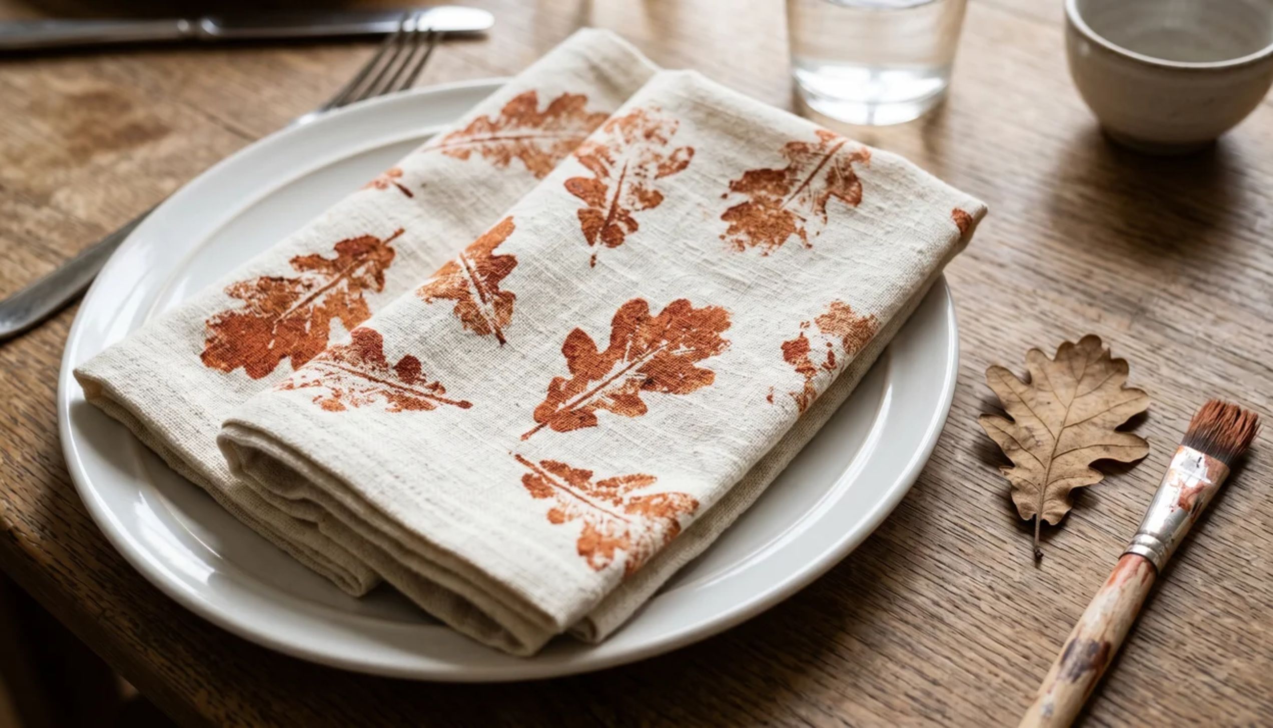 Two white fabric napkins stamped with brown leaf designs, an idea for easy thanksgiving crafts.