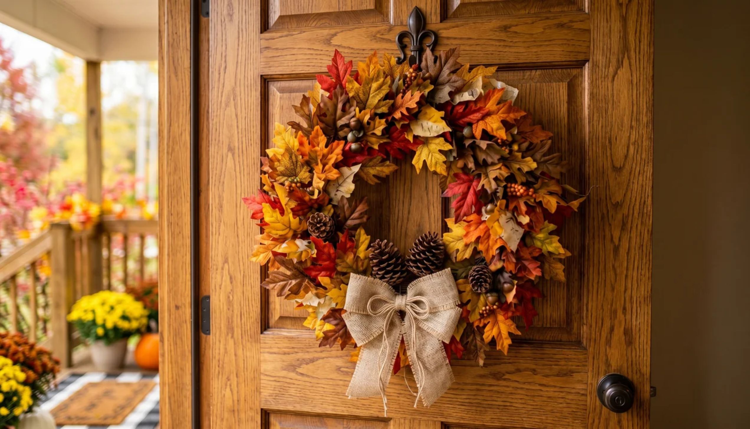 An autumn leaf wreath with a large burlap bow hanging on a wooden door. Simple and easy thanksgiving crafts.