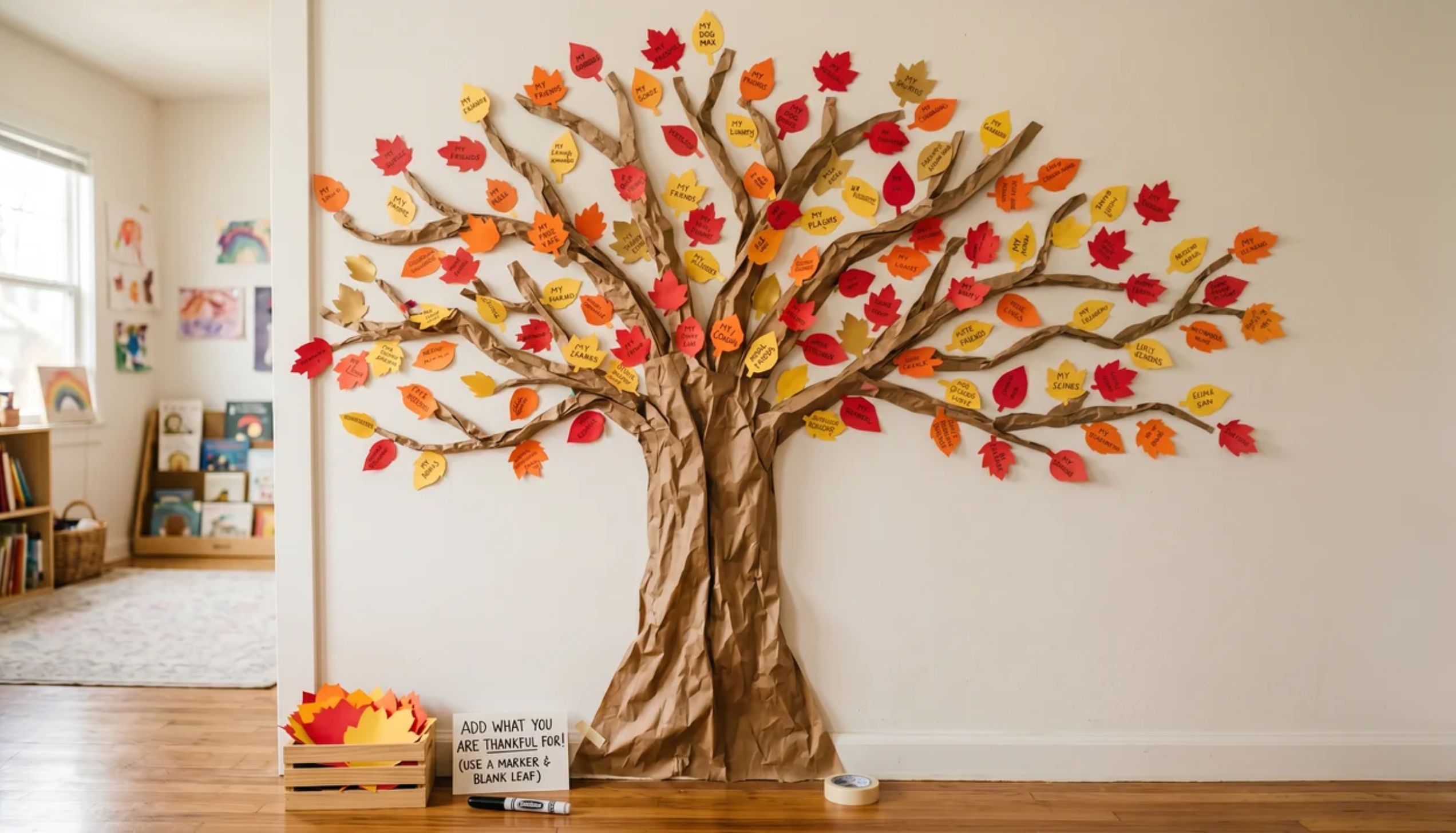Paper thankful tree on a white wall with handwritten gratitude leaves in fall colors as aeasy Thanksgiving crafts for families