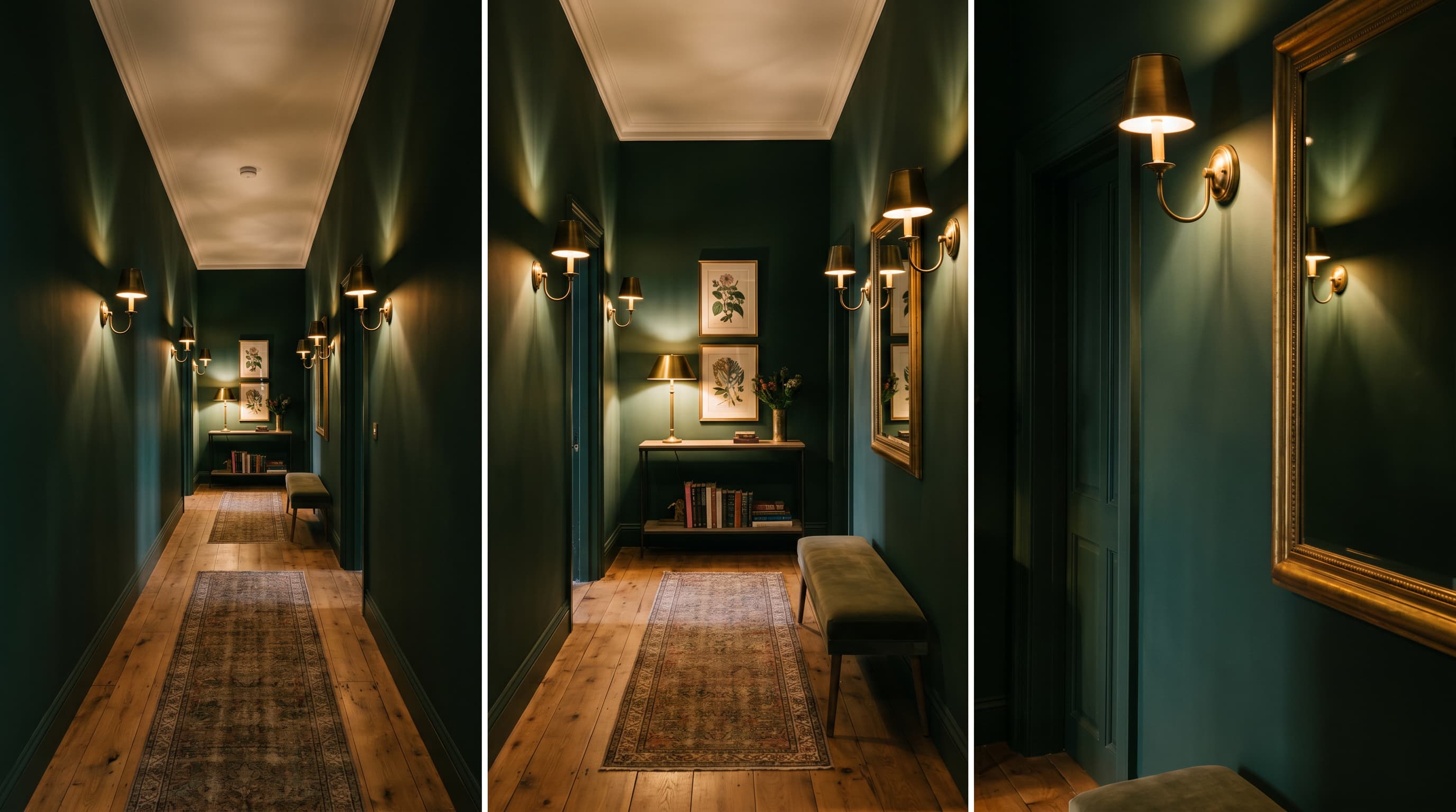 Hallway decor ideas with emerald green walls, LED lighting, modern artwork, and sleek console styling.