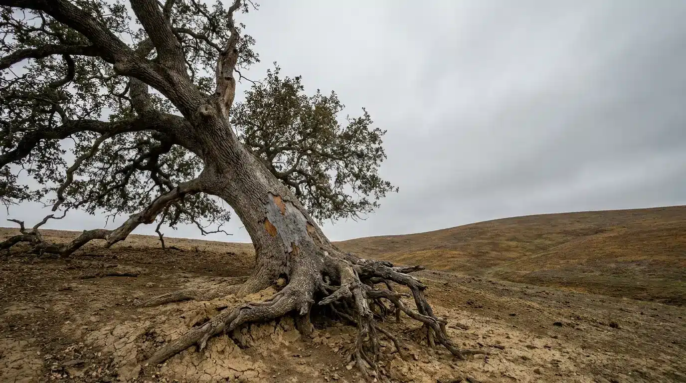 Weathered tree with exposed roots on a dry hillside under overcast sky