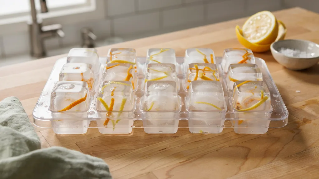 Frozen vinegar lemon cubes being dropped into garbage disposal to eliminate odors.