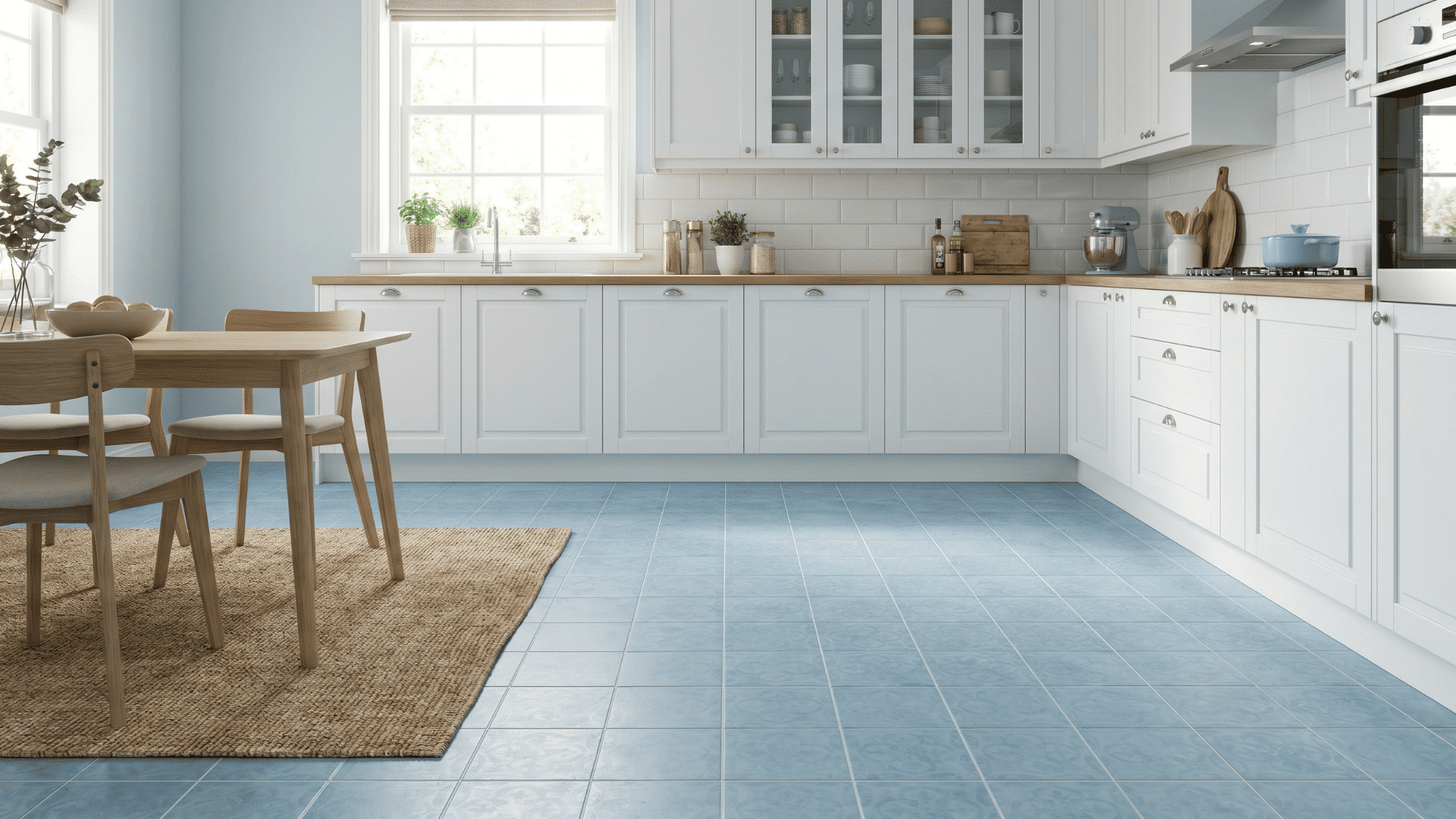 Light blue and white kitchen cabinets with wooden countertops, a dining table, and patterned blue floor tiles in a bright, modern kitchen.