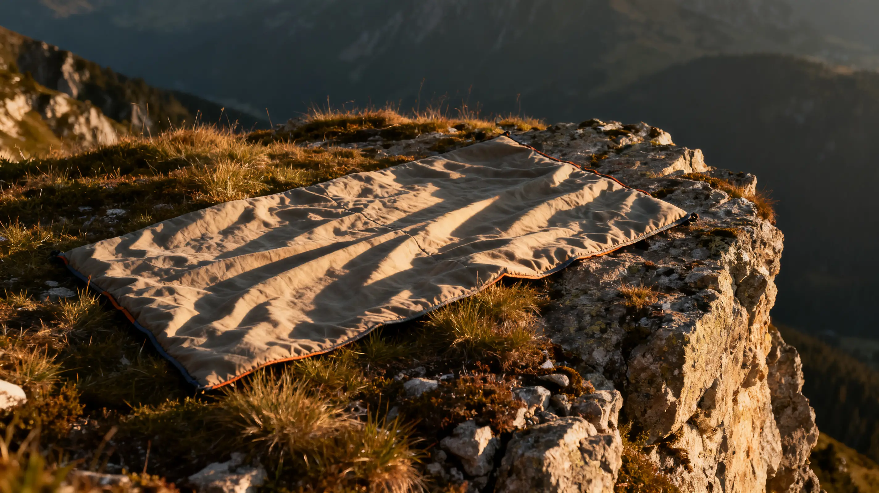 Sleeping bag on rocky cliff edge under warm sunset lighting with distant mountain view
