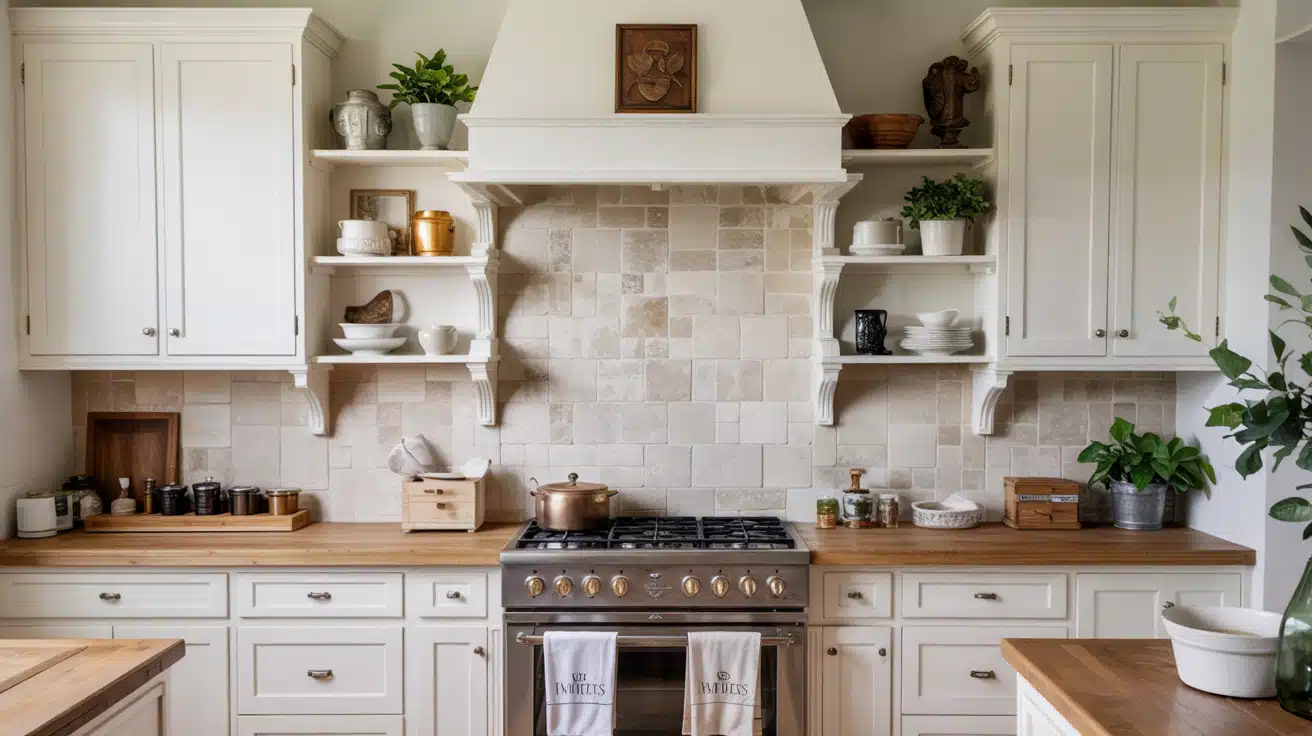 Warm, organic tumbled limestone tiles in soft neutral tones installed as a kitchen backsplash.