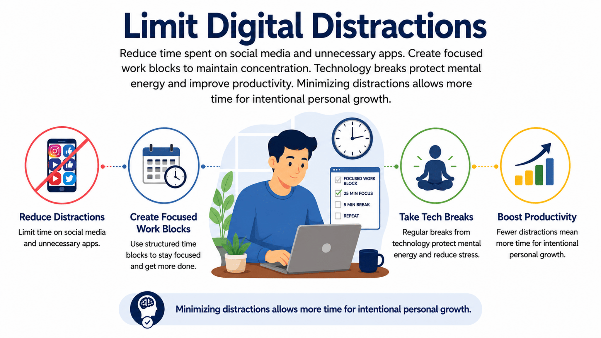 Infographic showing limiting digital distractions with icons for reducing apps, focused work blocks, breaks, and boosting productivity.
