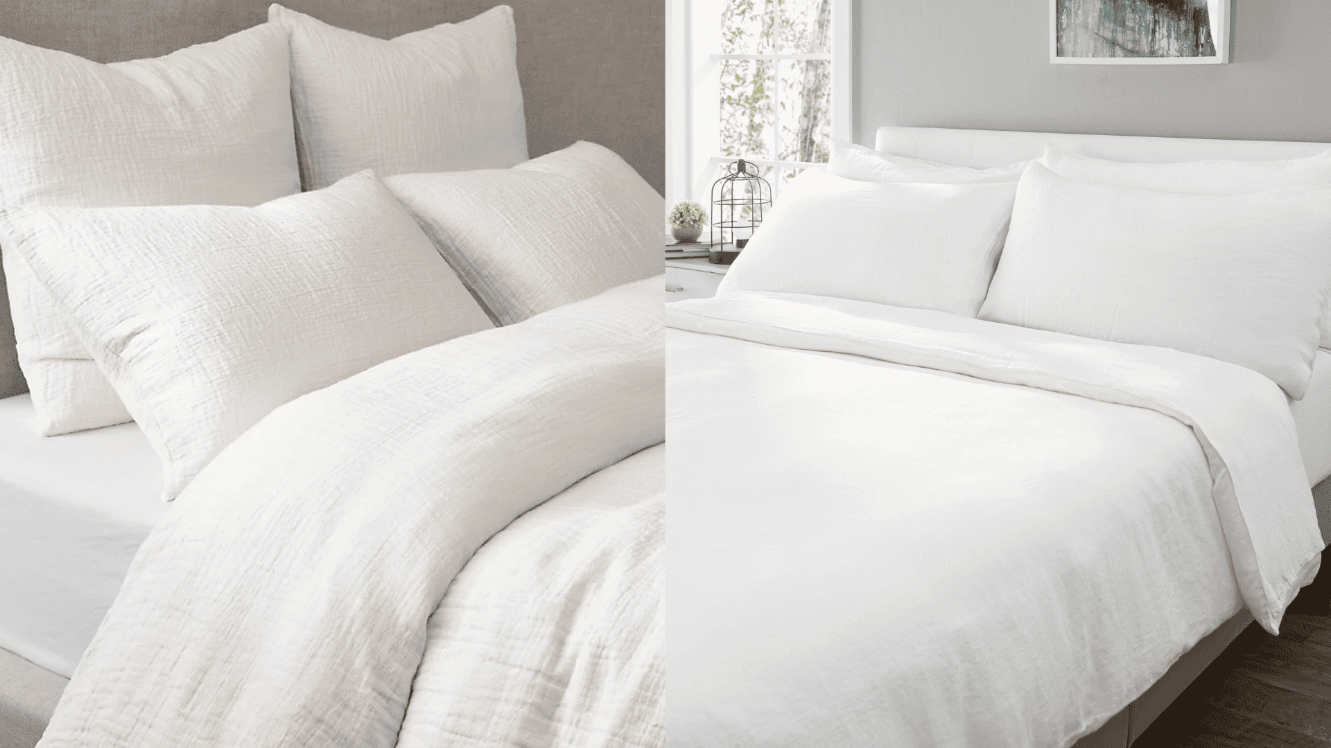 Side-by-side comparison of white bedding, with textured linen sheets on the left and smooth cotton sheets on the right.