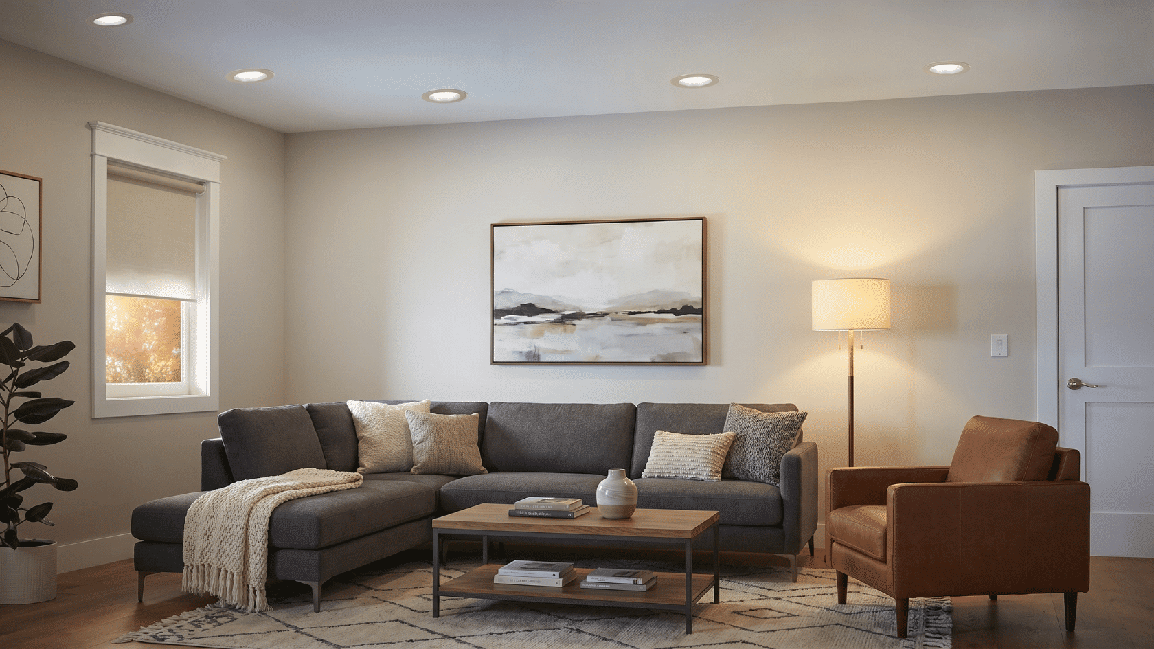 Living room ceiling with multiple recessed lights installed and flush with the ceiling. (1)