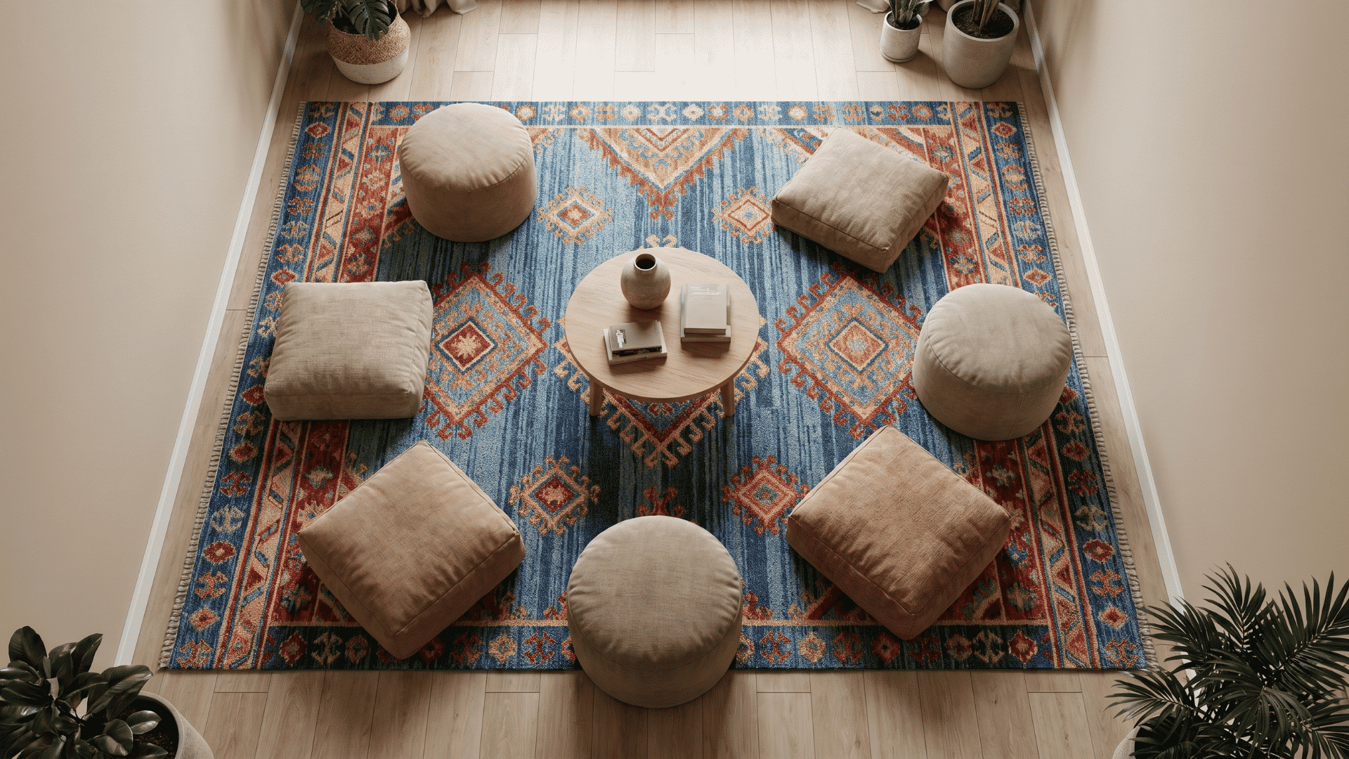 Living room with a bright patterned rug, low seating, and neutral walls, top-down view