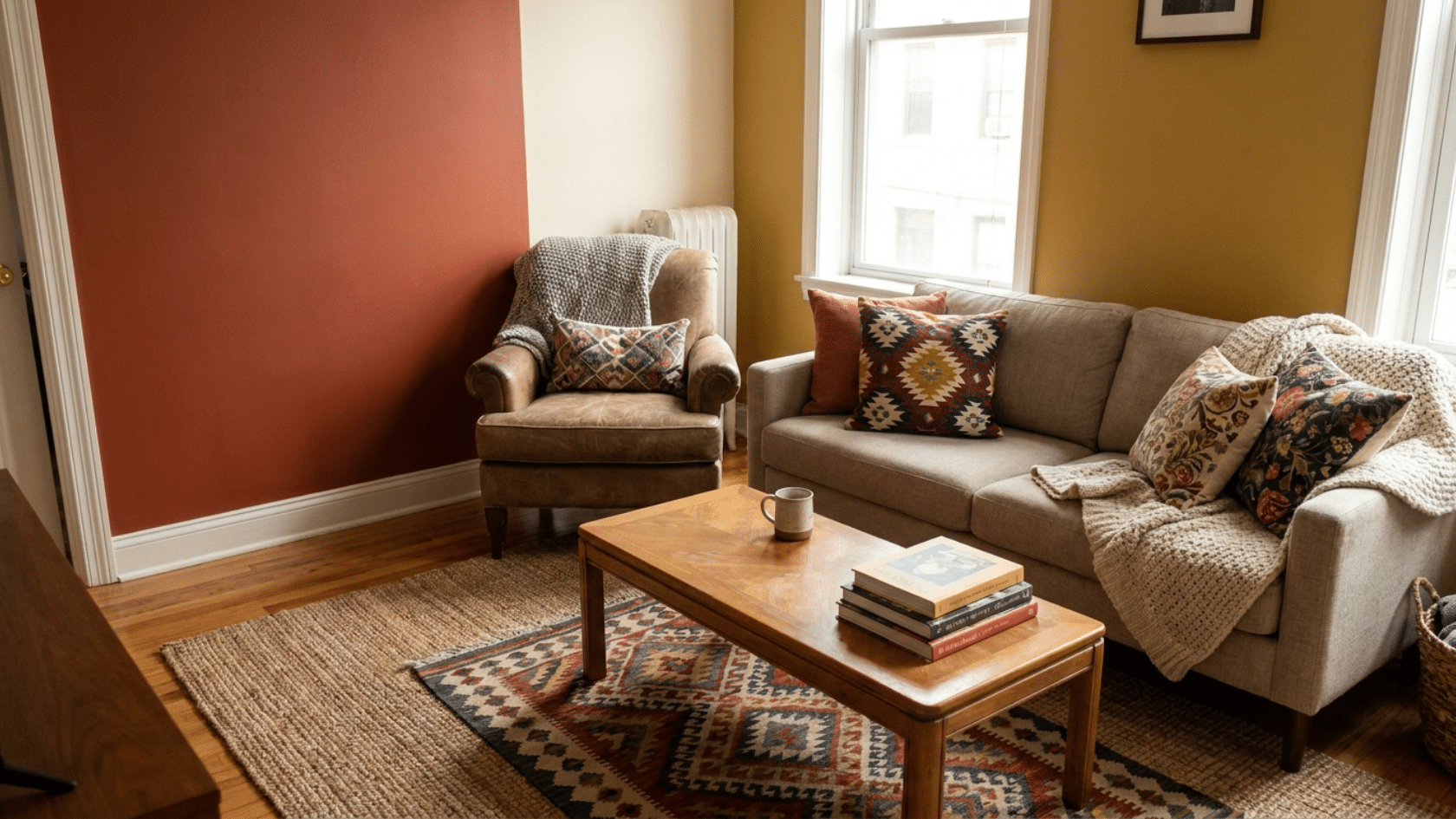 Living room with beige sofa, patterned cushions, knit throw, wooden coffee table with books and mug, yellow and red accent walls.