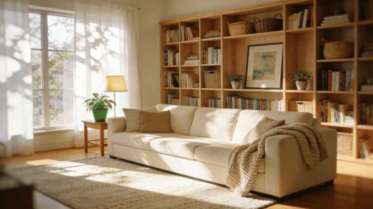 Living room with oak shelves, sofa, books, and plants in sunlight.