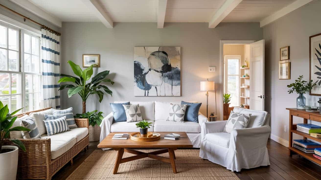 A bright, modern living room with light gray walls, white sofas, blue accent pillows, and large windows.