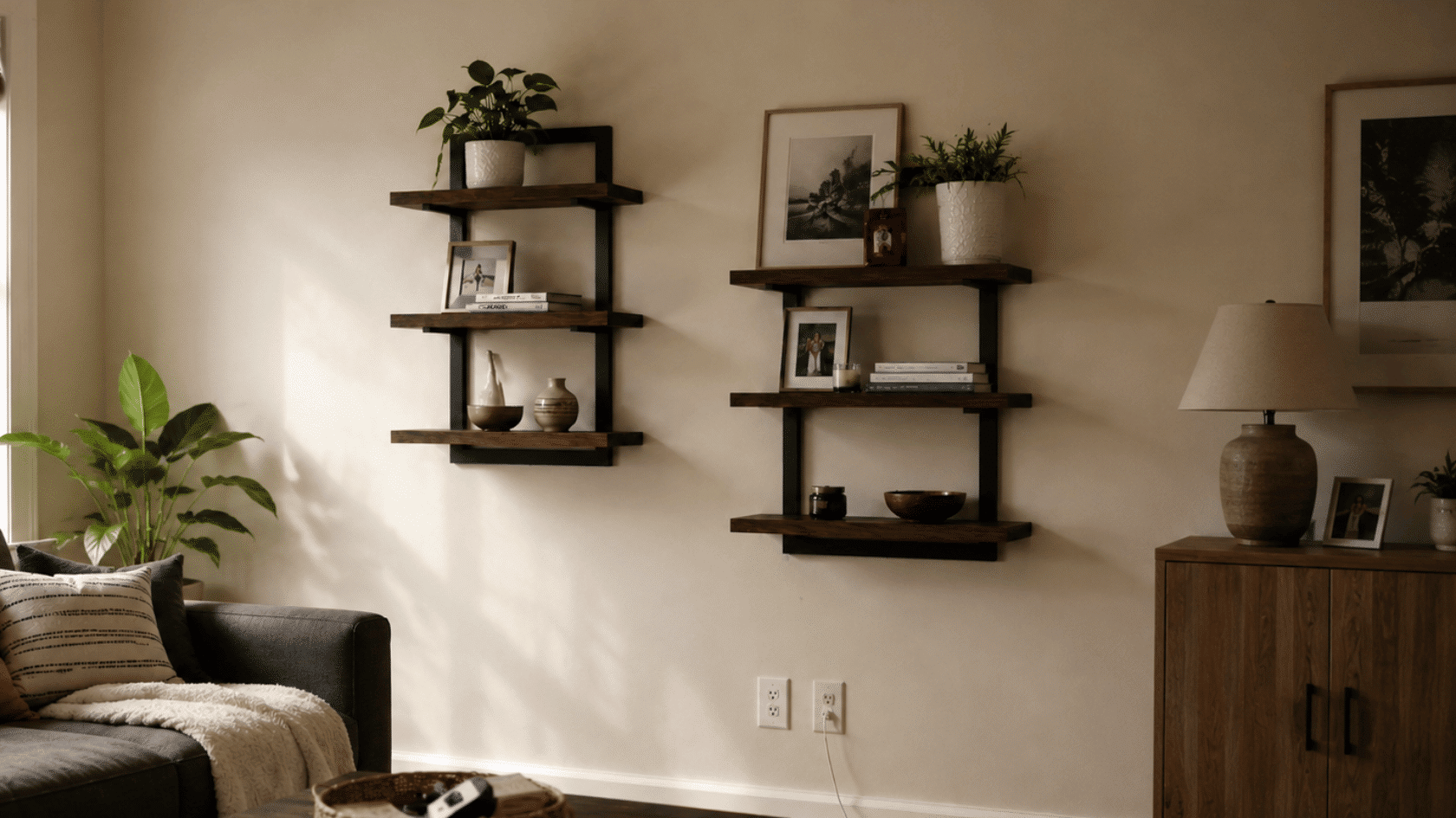 Living room with sofa, coffee table, and wall shelves with plants.