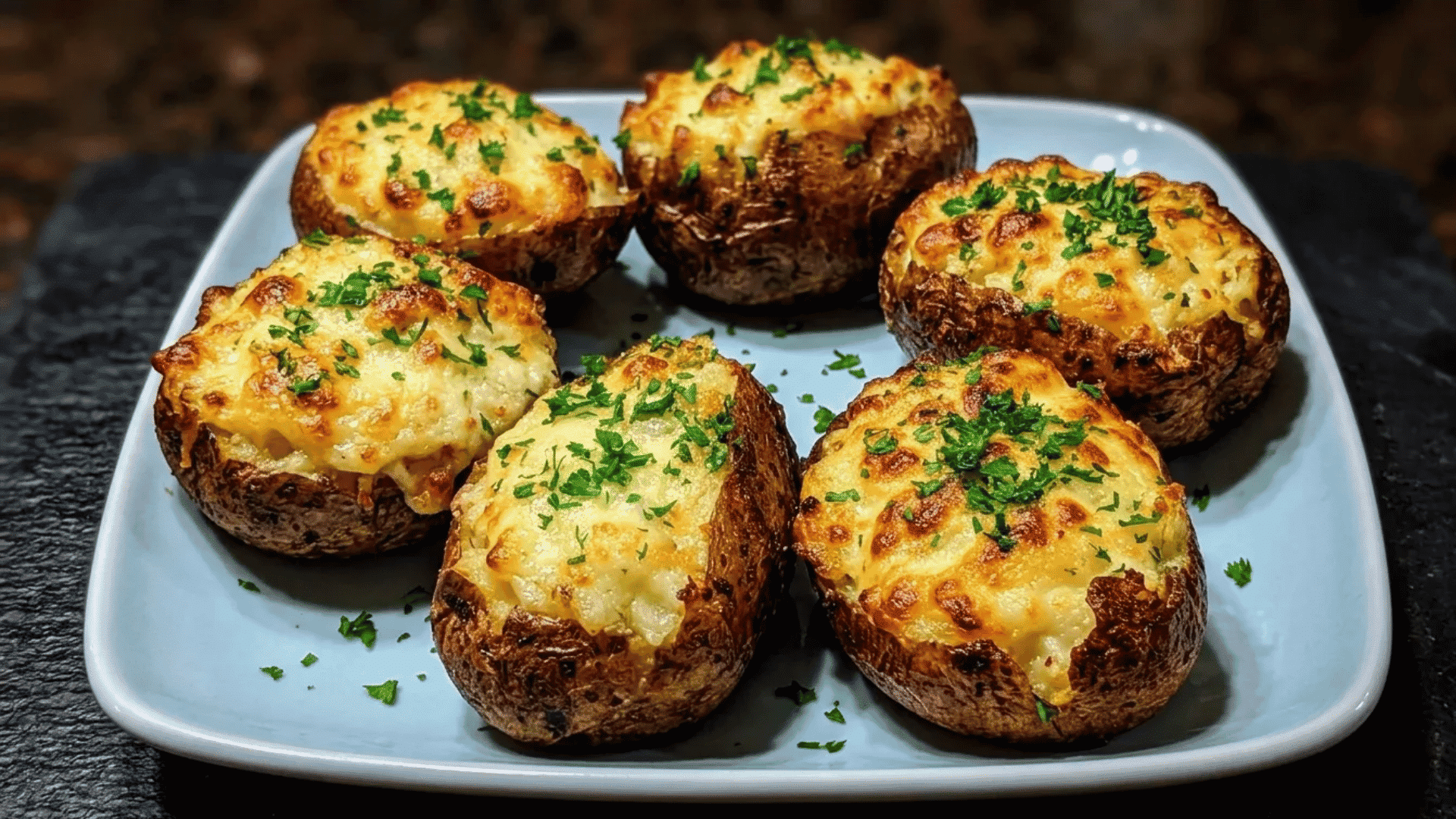 Loaded baked potatoes with melted cheese, crispy edges, and fresh herbs for a cozy comfort dinner.