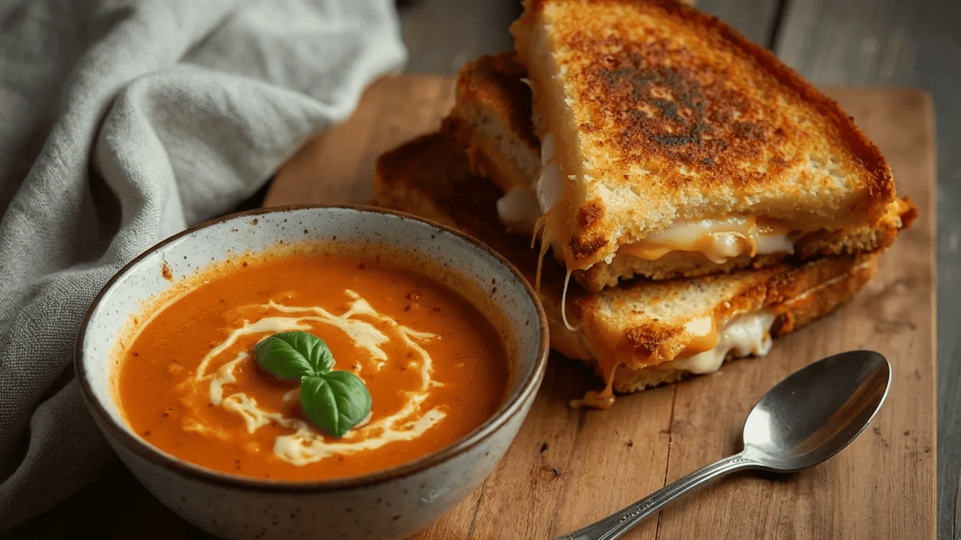 Golden grilled cheese sandwiches with melted cheese served alongside creamy tomato soup topped with fresh basil.