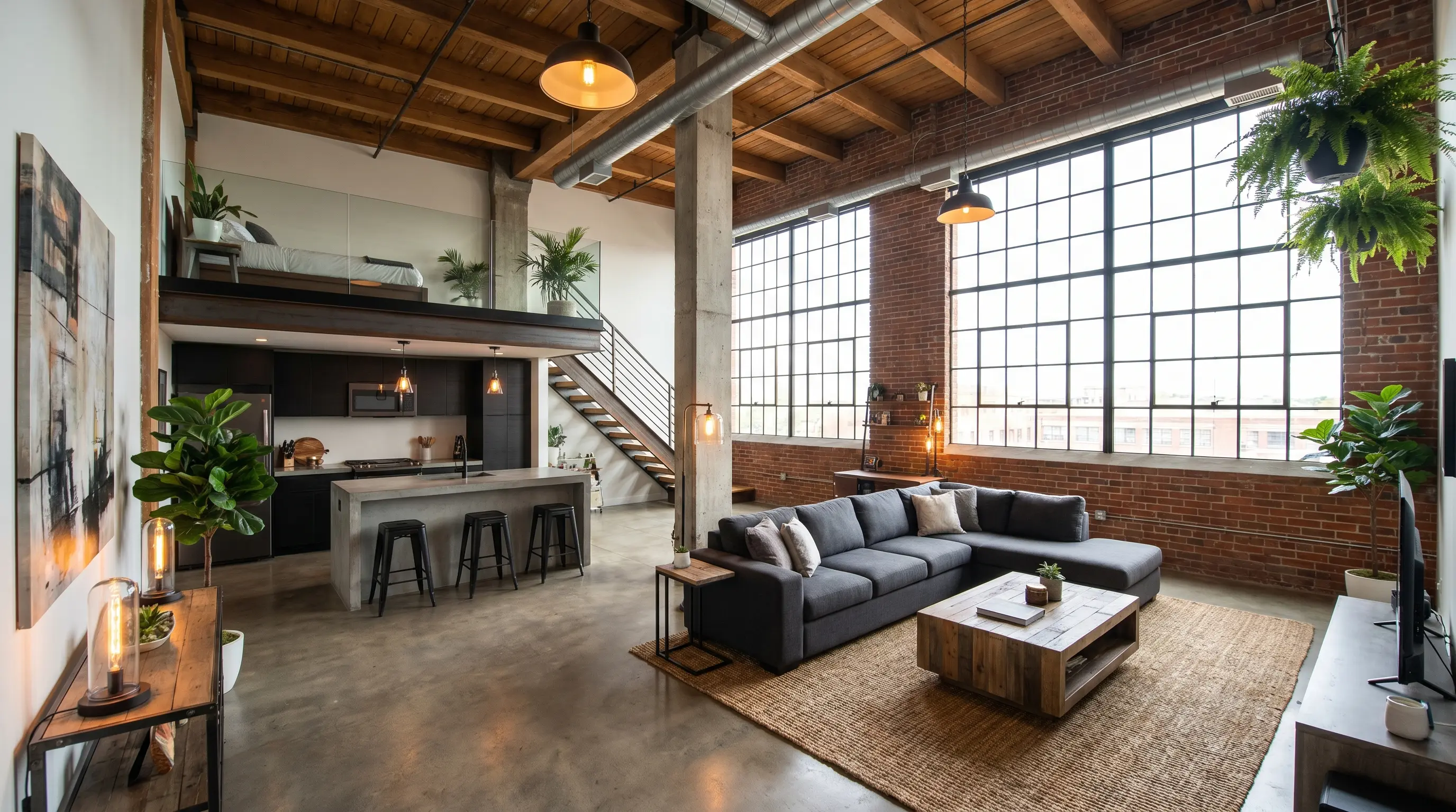 Industrial-style loft apartment with high ceilings, exposed beams, open-plan living, and a mezzanine bedroom in a modern urban aesthetic.