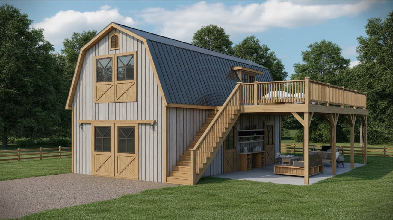A two-story barndominium featuring light vertical siding, a dark gambrel metal roof, and an elevated wooden wrap-around deck.