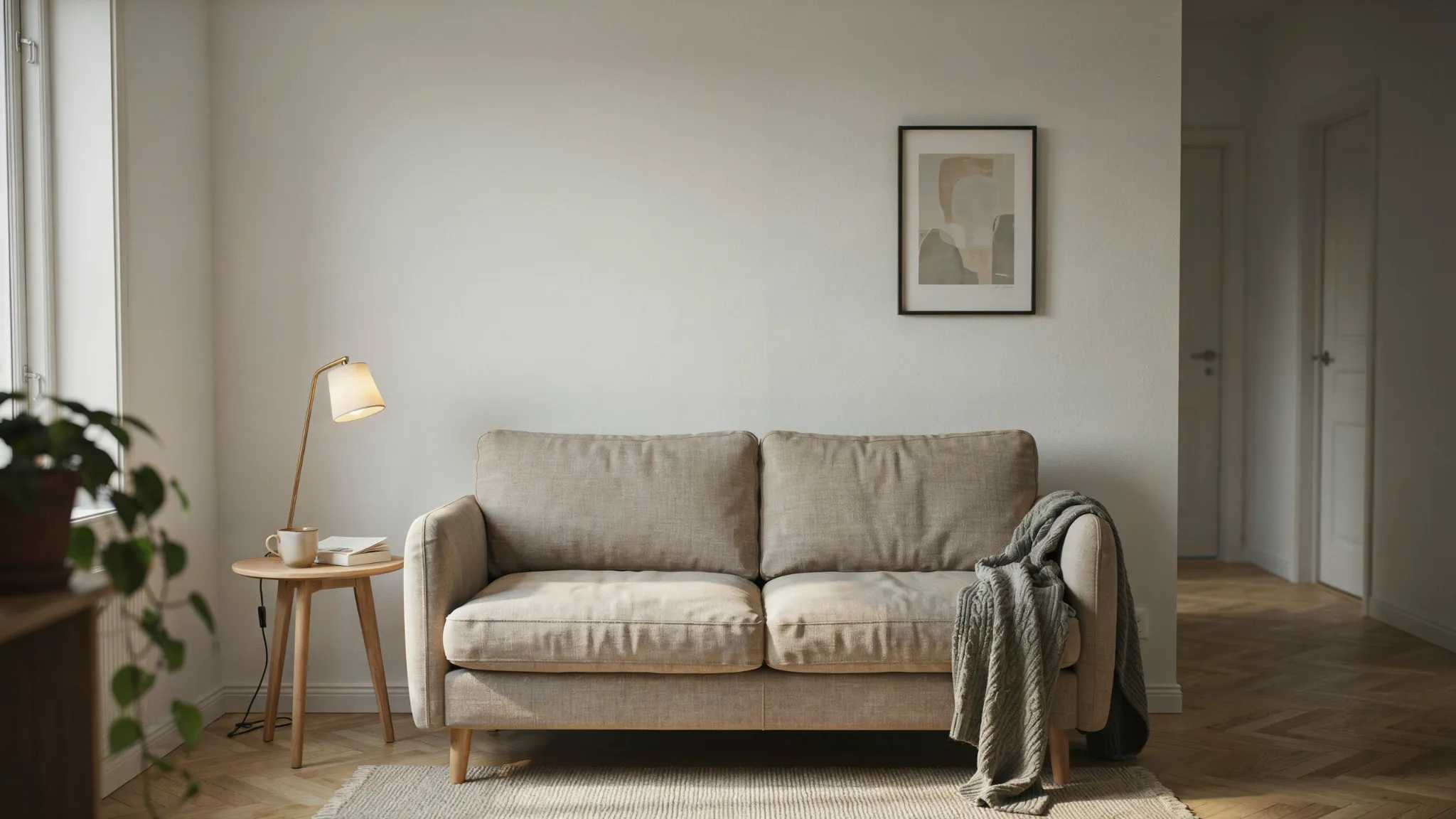Compact loveseat in a minimal Scandinavian-style apartment with soft lighting and neutral decor.
