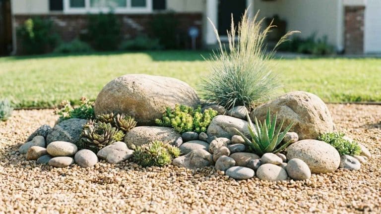 Small low-maintenance rock garden with pebbles, boulders, succulents, and ornamental grass in a sunny front yard.