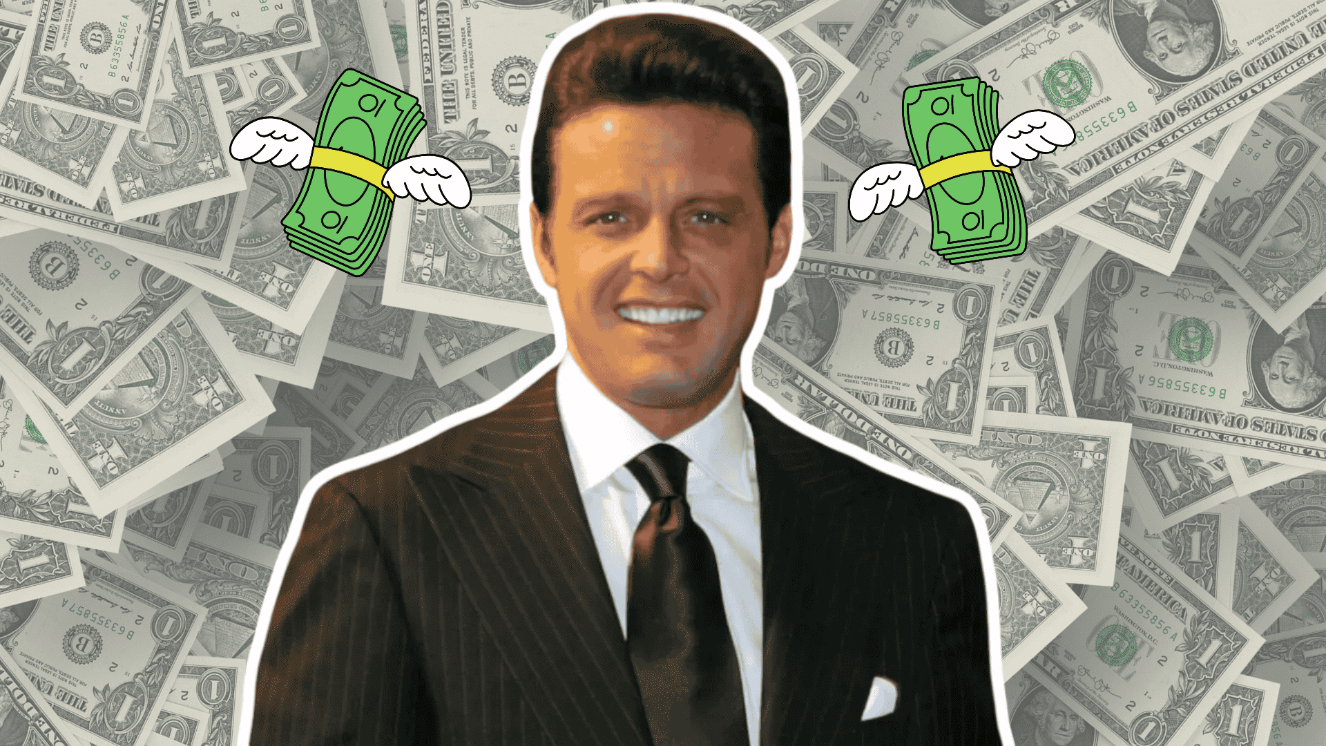 Singer Luis Miguel smiling in a suit against a background of hundred-dollar bills and flying cartoon money.