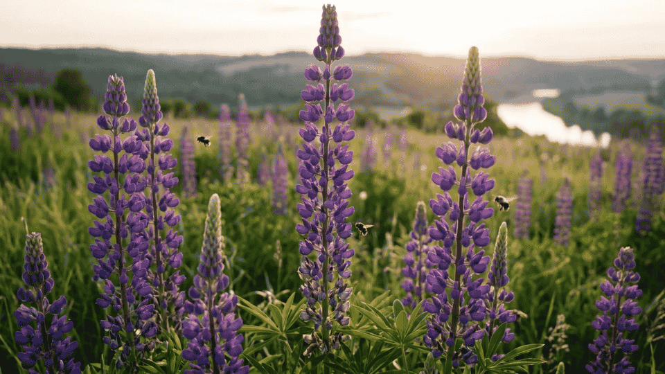A tall, vertical structural spike of deep violet-purple lupine flowers surrounded by green leaves.