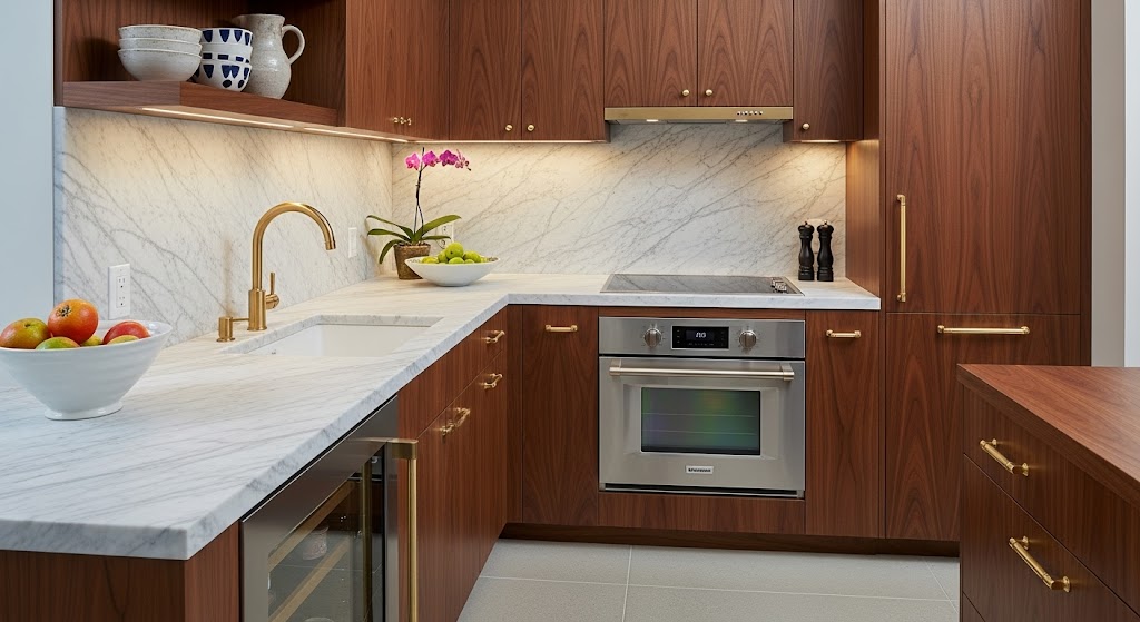 Luxurious one-wall kitchen with rich dark wood cabinets, marble countertops, and gold hardware.