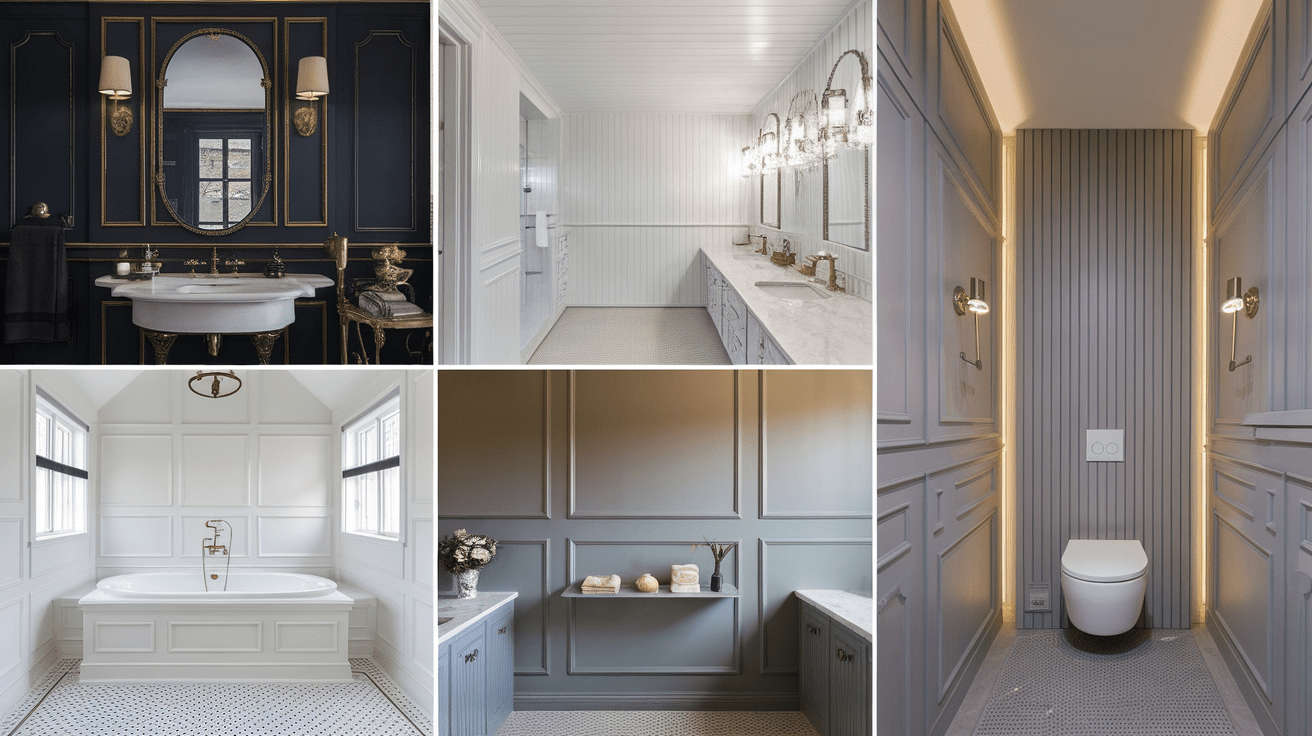 A collage of five luxury bathrooms displaying decorative wainscoting styles, gold accents, and built-in panel features.