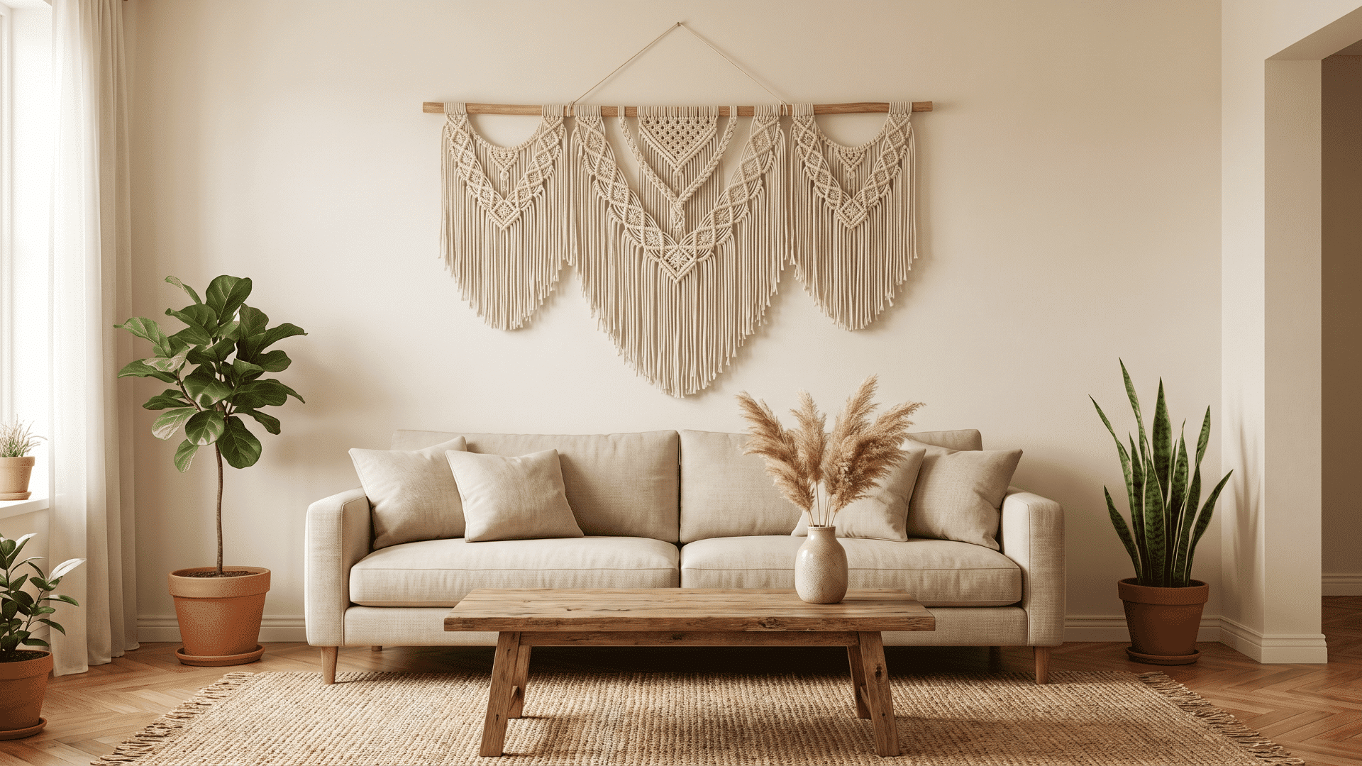 Macrame wall hanging displayed above a sofa in a boho living room