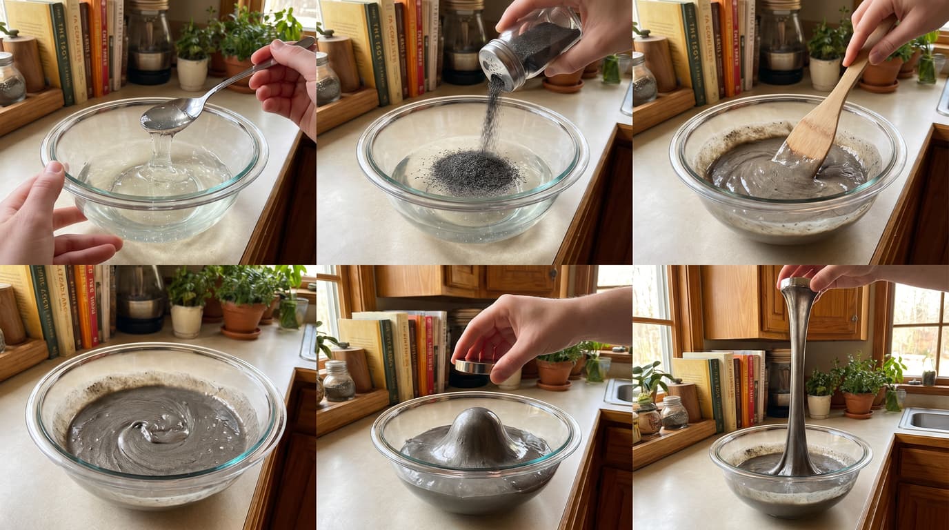 A six-panel photo collage demonstrating the process of making magnetic slime in a glass bowl, ending with a magnet pulling the dark grey slime upward into spikes.