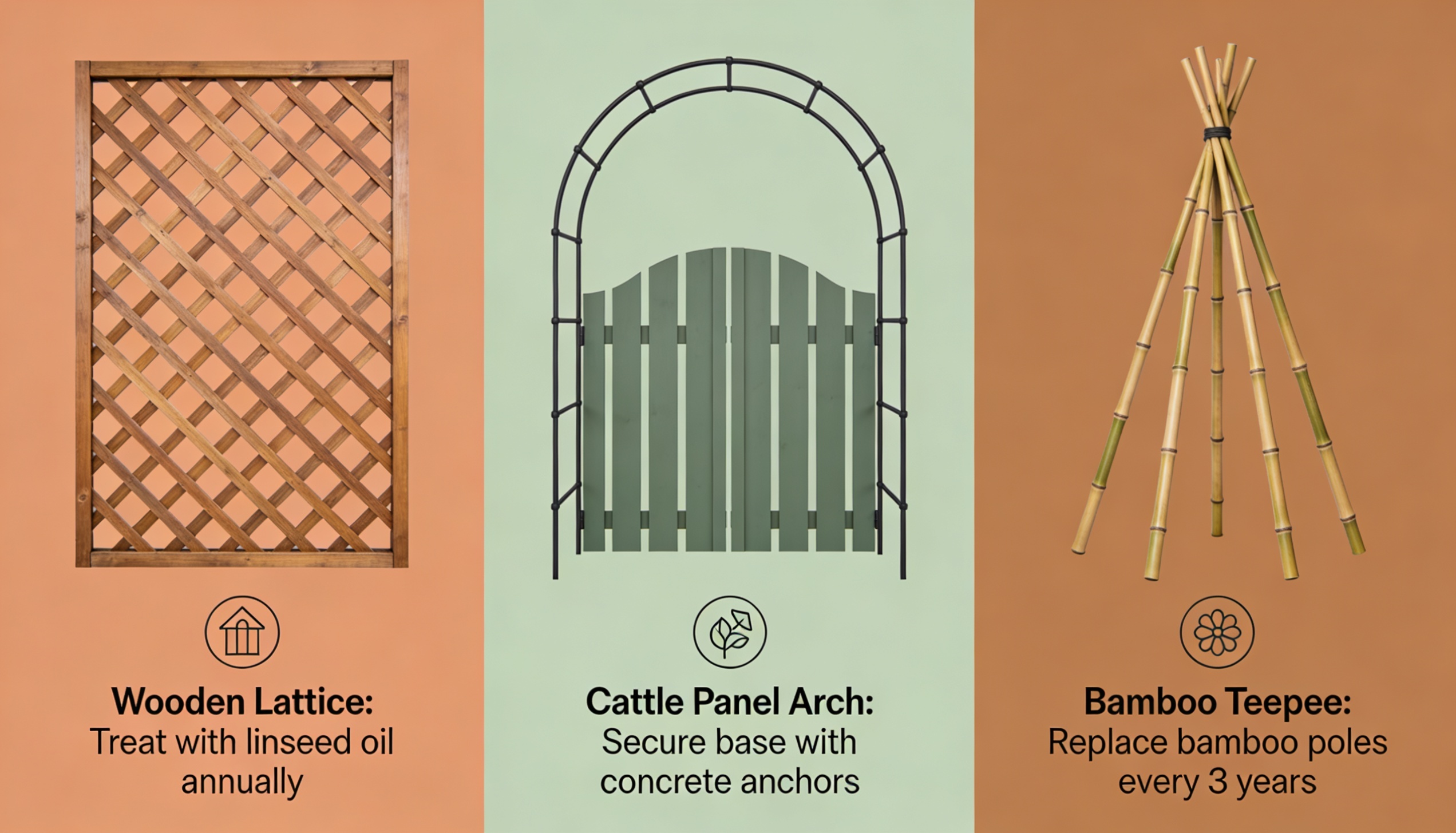 Infographic showing yearly maintenance tips for a wooden lattice, cattle panel arch, and a bamboo teepee trellis.