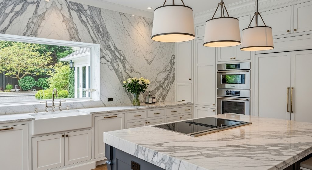 A luxury kitchen showcasing a seamless, full-height white Carrara marble slab backsplash with elegant gray veining.