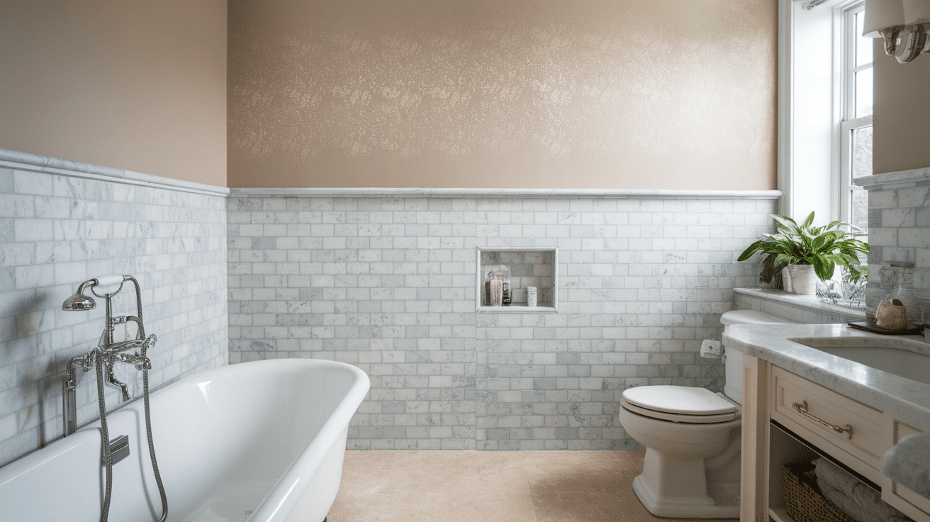A classic bathroom featuring a clawfoot bathtub against white marble subway tile wainscoting and a matching vanity.