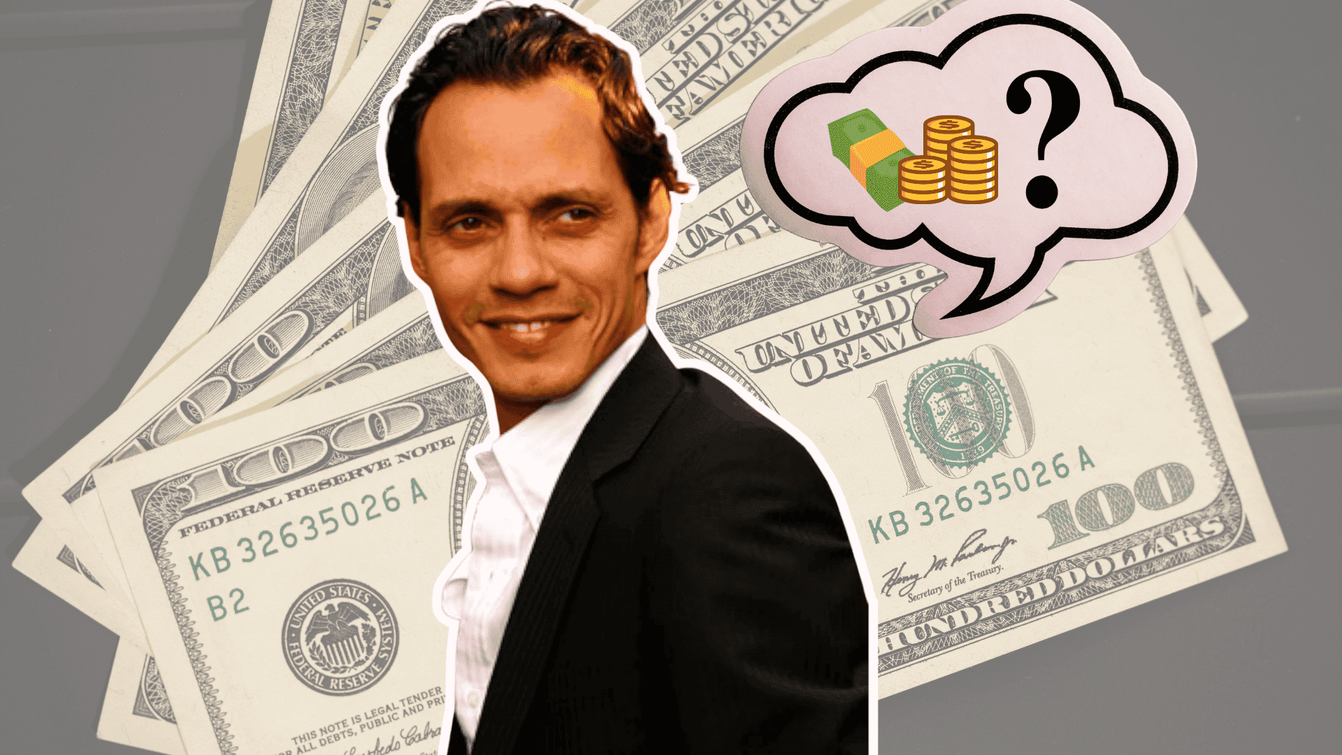 Portrait of singer Marc Anthony over a background of $100 bills, with a cartoon question mark and gold coins thought bubble.