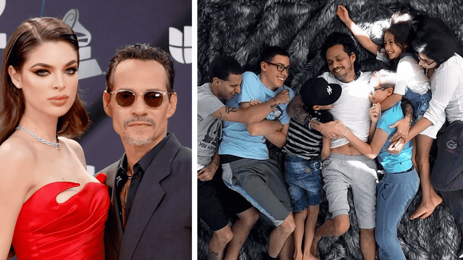 Side-by-side photos of Marc Anthony with wife Nadia Ferreira, and lying on a carpet laughing with his children.