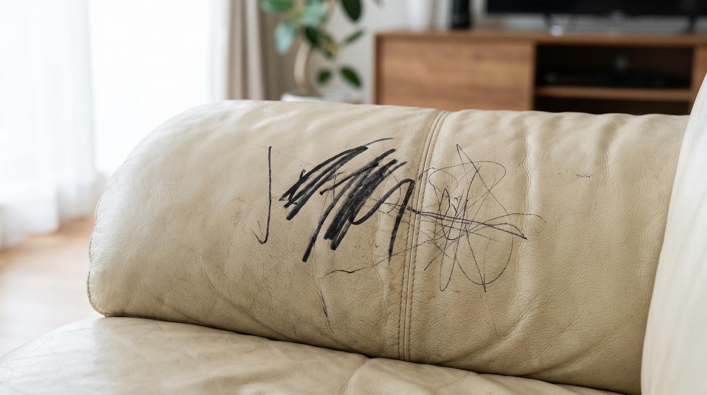Black marker and pen stains on a cream leather sofa cushion with visible ink marks and realistic leather grain.
