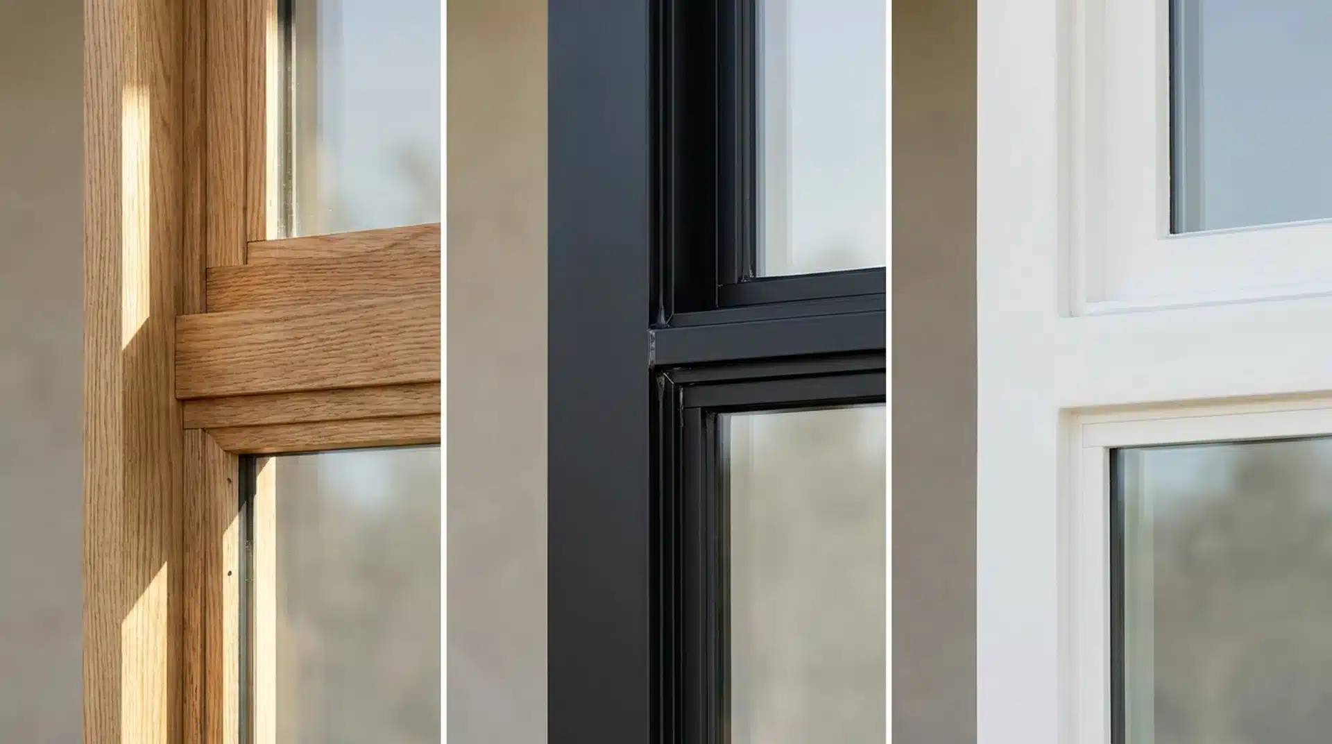 Close-up of wood, aluminum, and fiberglass clerestory window frame material comparisons.