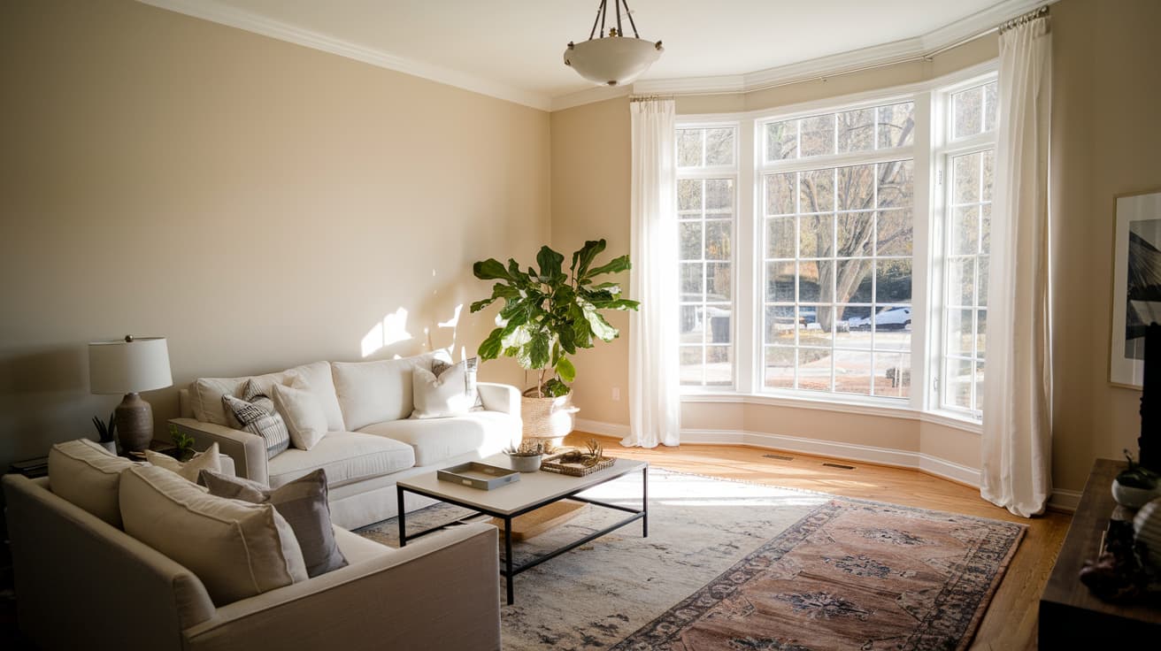 A well-lit living room featuring a white sofa, a large potted plant, and a wide bay window with sheer curtains that lets in abundant natural light.