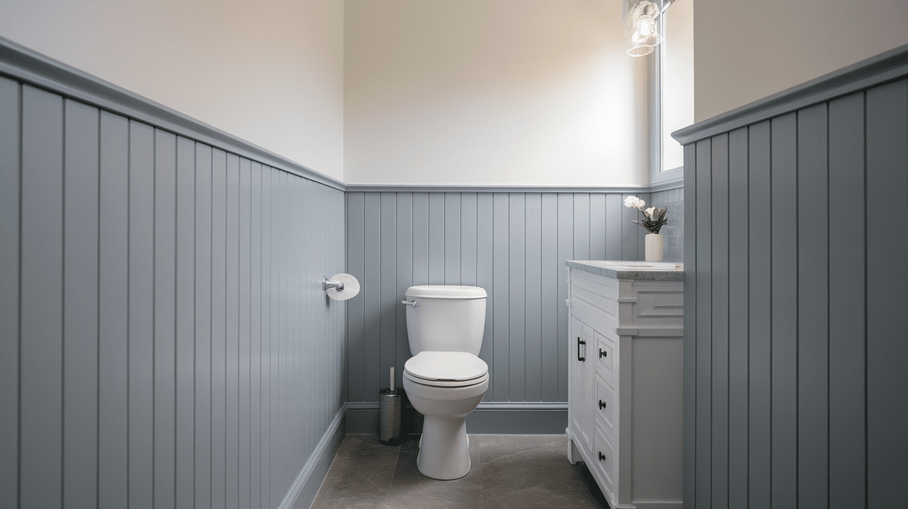 A gray bathroom featuring vertical groove MDF wainscoting, a white toilet, and a matching gray vanity.
