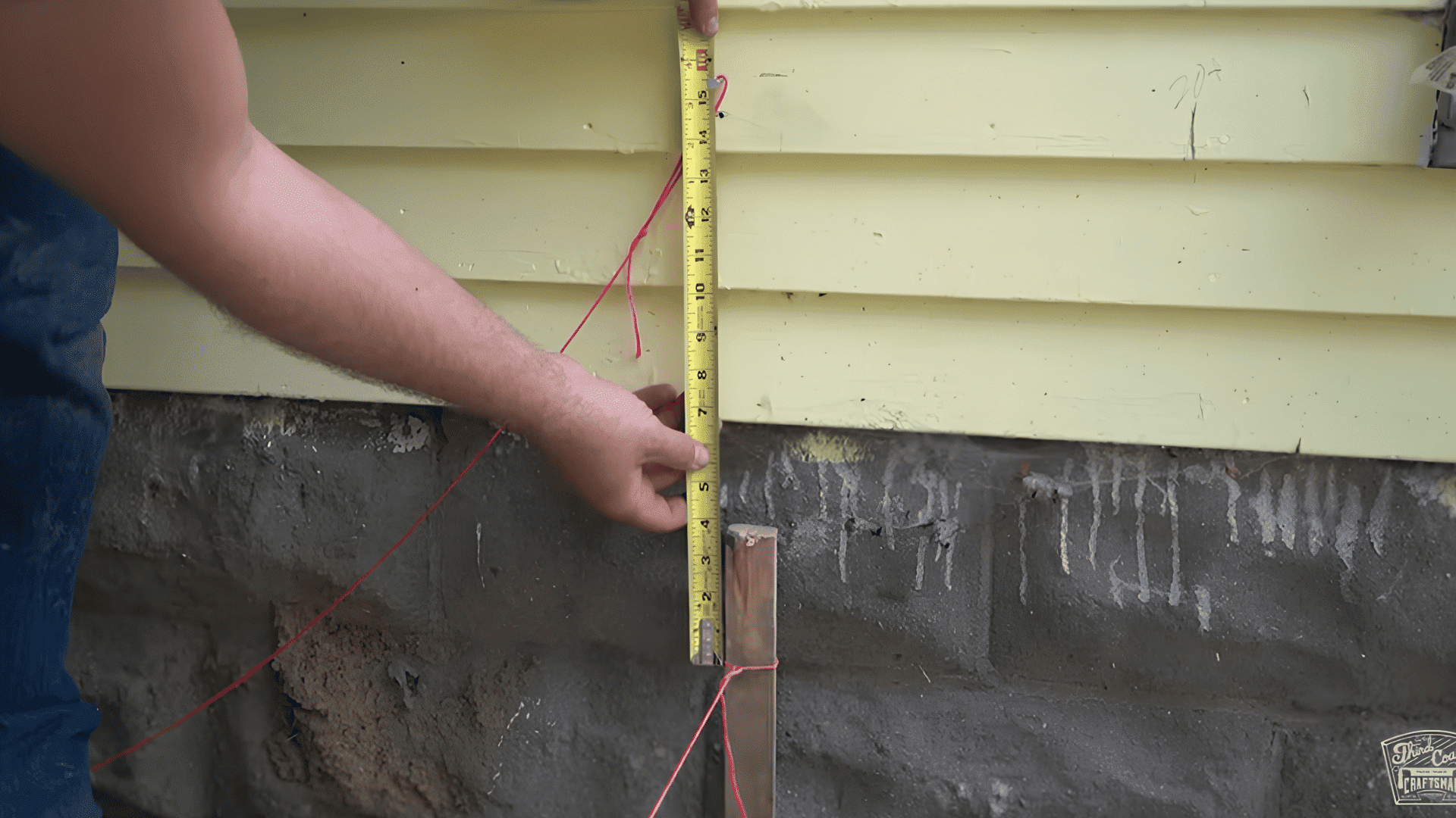 Measuring post height from the ground to the house using a tape measure and string for a deck layout