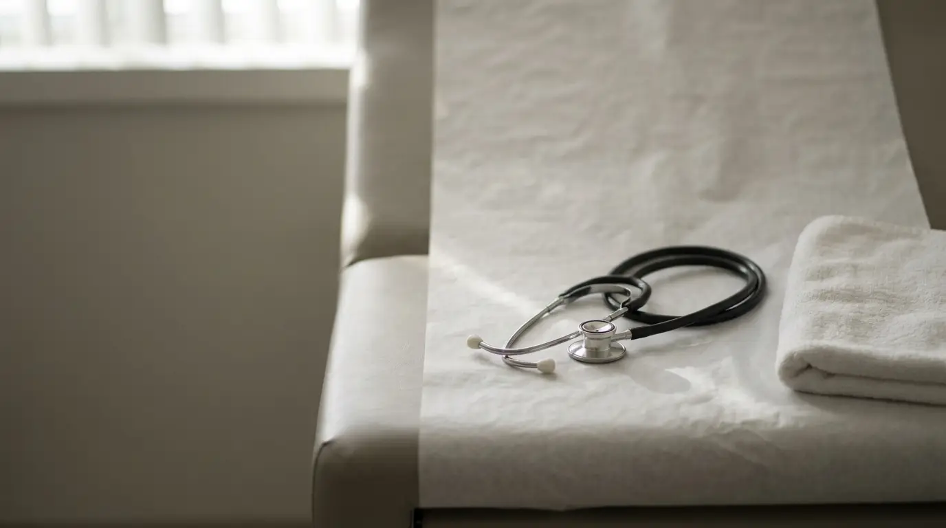 Stethoscope and folded towel on examination table in clinical setting