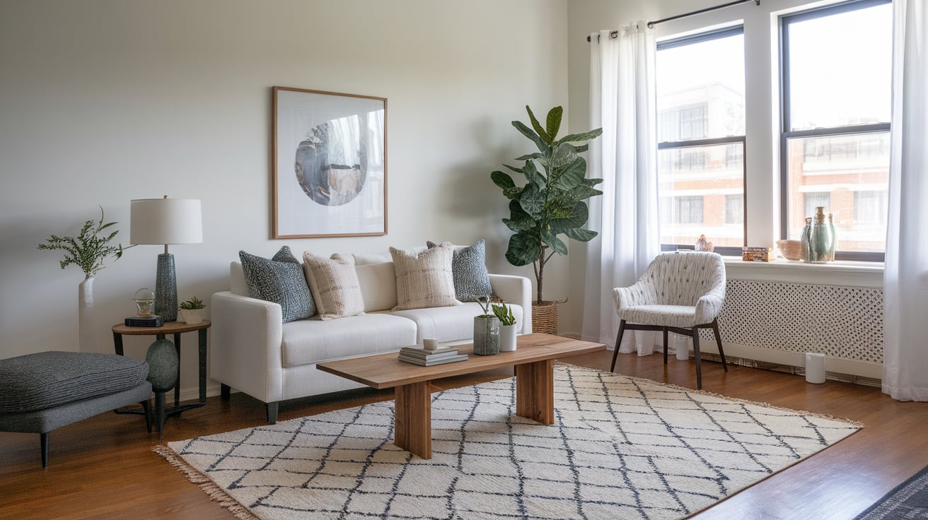 A medium-sized patterned area rug under a wooden coffee table in a bright, modern living room with a cream sofa and armchairs.