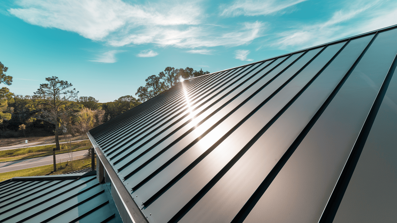 Clean lines of a modern charcoal gray standing seam metal roof installed on a contemporary home.