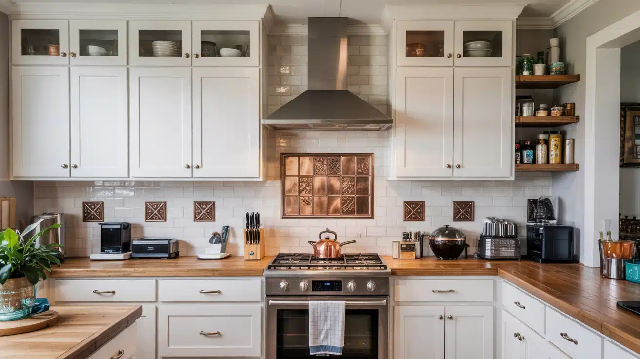 A kitchen backsplash featuring warm, reflective metallic tiles in a polished copper finish.